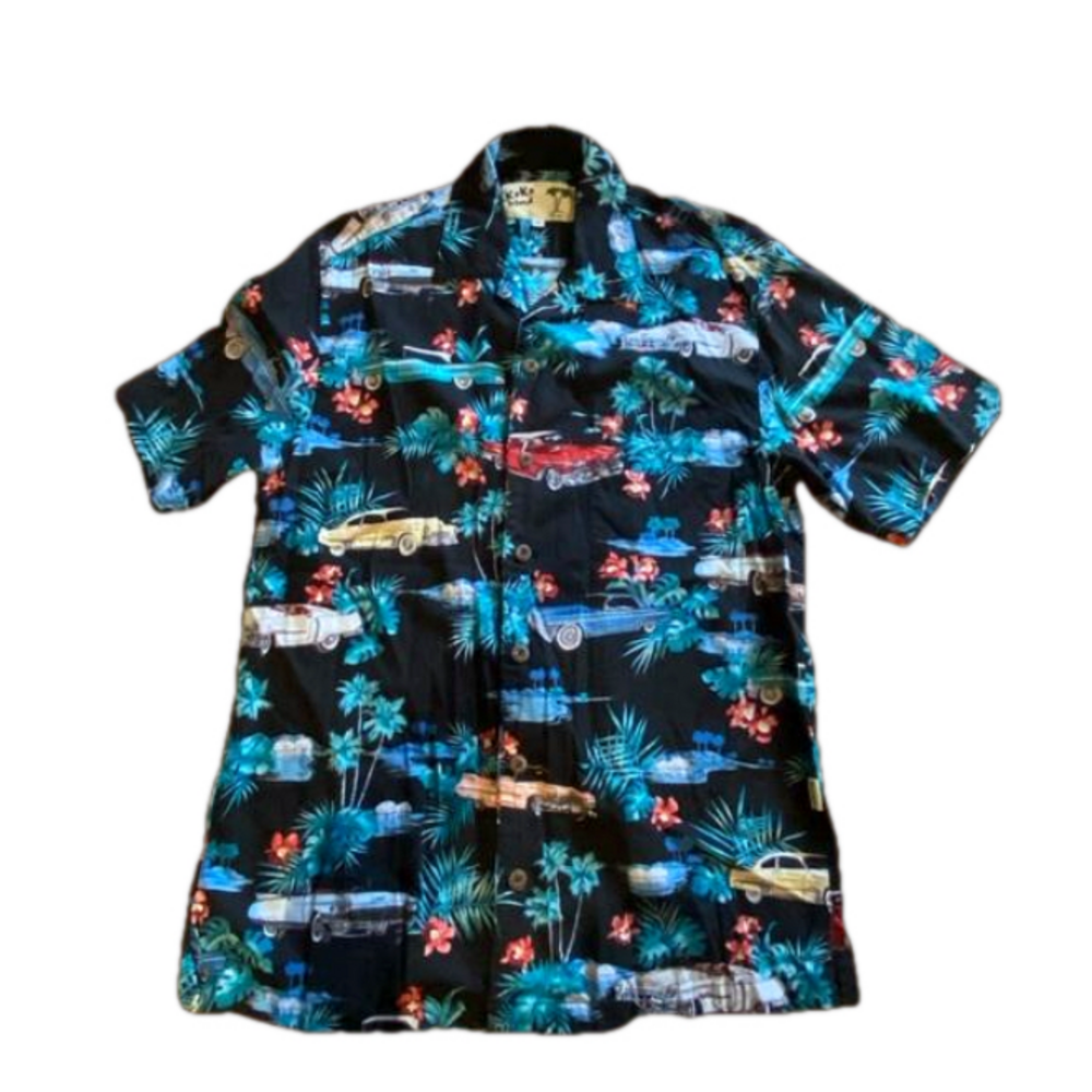 Vintage Koko Island Size medium Cars & tropical palm trees short Sleeve  Shirt